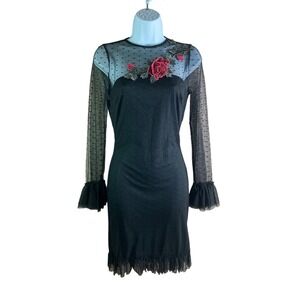 Alexia Admor Womens Black Mesh Swiss Dot Rose Embroidered Sheath Dress Small